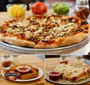 A close-up of a hearty pizza topped with cheese and meats. Below, crispy mozzarella sticks and cheesy garlic bread with marinara sauce. Bright, inviting tones.