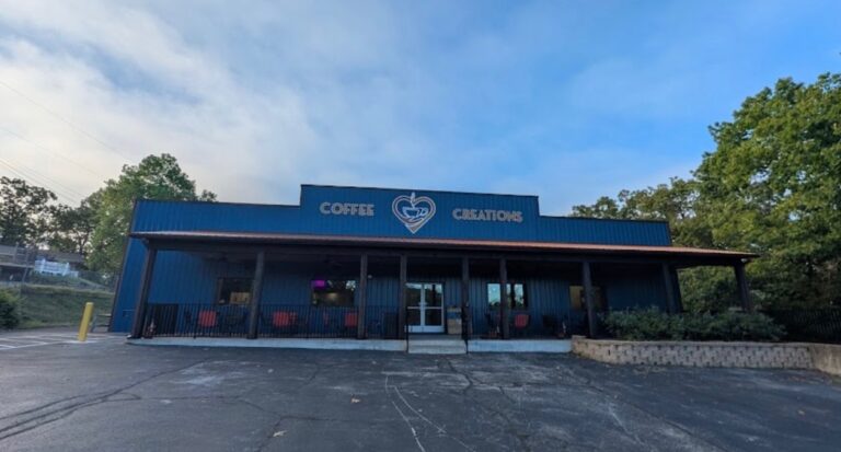 Front of a blue coffee shop with a heart logo, named "Coffee Creations." The building has a rustic feel, surrounded by greenery under a cloudy sky.