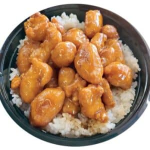 A savory Bobablastic rice bowl topped with glazed, golden orange teriyaki chicken pieces.