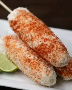 : Elote street corn on a stick at Delicias Factory authentic Mexican food Branson Missouri