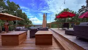 Cellar 417 Branson West outdoor patio at sunset overlooking the rolling Ozark hills near Table Rock Lake