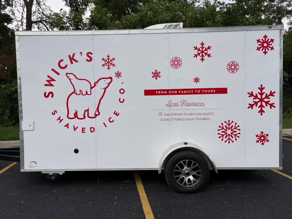 Swick's Shaved Ice Co bright red container at 225 Cross Creek Blvd Branson Missouri family-owned shaved ice stand