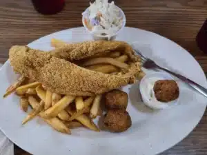 Southern fried catfish plate with cornbread at a Branson restaurant