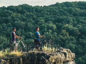 Mountain biking on an Ozark singletrack trail near Branson Missouri — wooded, rocky terrain