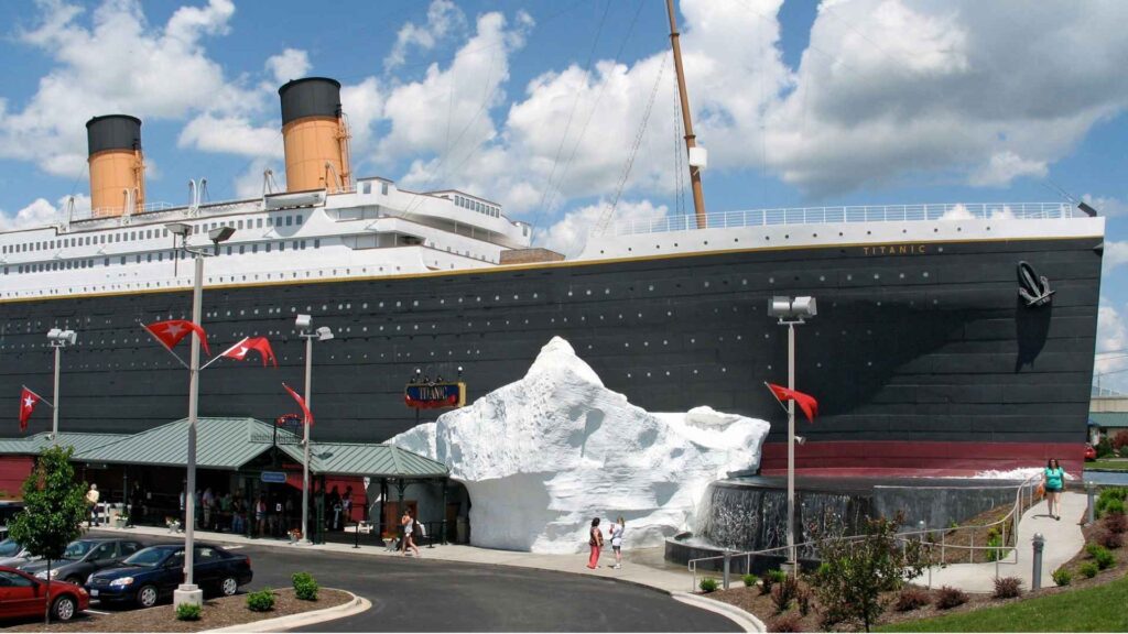 Titanic Museum Branson Missouri — half-scale ship-shaped building on Highway 76 with iceberg feature