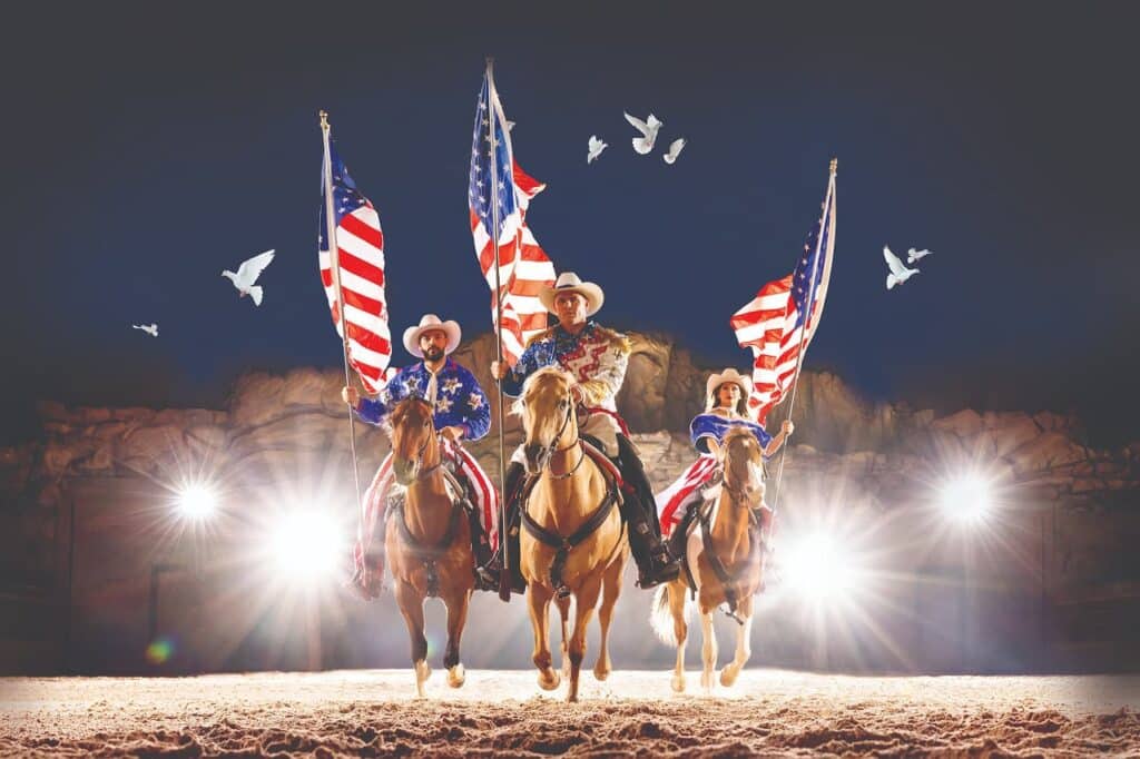 Dolly Parton’s Stampede Branson arena with 32 horses and trick riders performing during the 2026 season