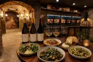 Candlelit underground wine cave at Cellar 417 in Branson West with stone walls and self-pour wine tasting