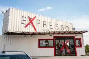 Expresso Branson drive-thru coffee shop built from repurposed shipping containers on Highway 76 Strip Branson MO