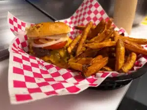 SoCal-style smash burger and fresh-cut fries at Sweet Shack in Hollister, MissouriFile: sweet-shack-hollister-smash-burger-fries.jpg
