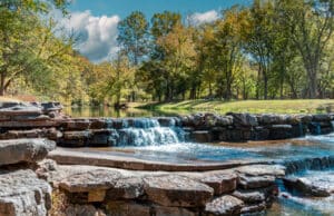 A waterfall at Dogwood Canyon Nature Park, two miles west of White Lightning Restaurant in Lampe