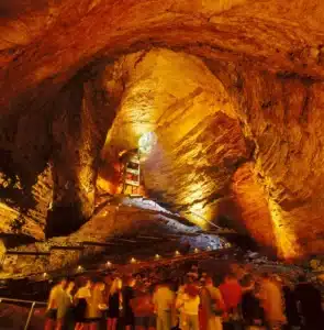 Marvel Cave and Top of the Rock. Cave Cathedral Room at Silver Dollar City in Branson Missouri — the largest cave entrance room in the United States