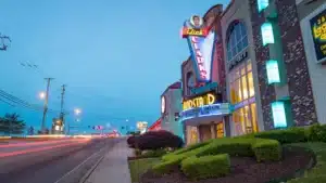 Theater marquees along the 76 Strip in Branson Missouri at dusk