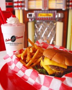 Branson casual dining — a diner-style cheeseburger, fries and milkshake
