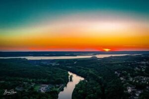 Table Rock Dam and the lakeshore trail near the Dewey Short Visitor Center at evening
