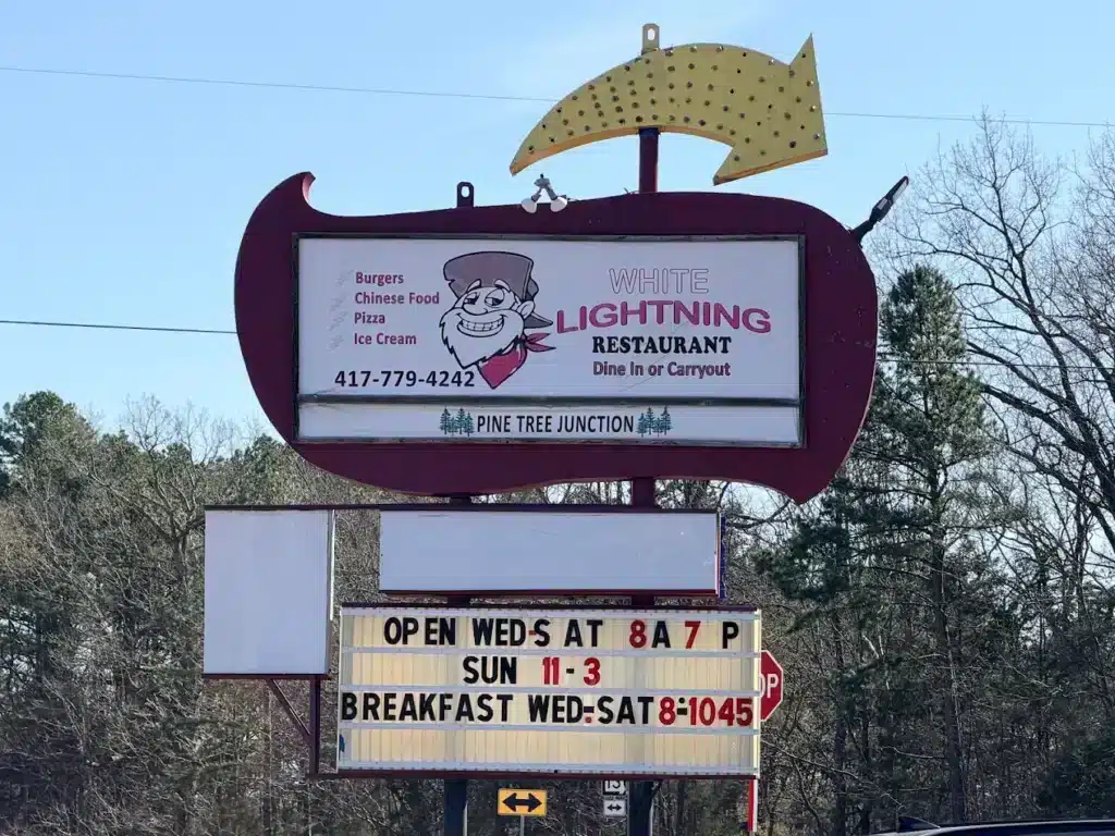 White Lightning Restaurant on Highway 86 in Lampe, Missouri — a family restaurant on a Prohibition-era moonshine site