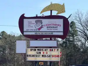 White Lightning Restaurant on Highway 86 in Lampe, Missouri — a family restaurant on a Prohibition-era moonshine site