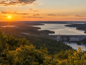 Branson photography at golden hour: sunset over Table Rock Lake and the Ozark hills