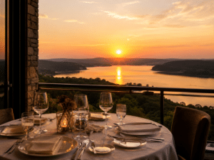 Sunset view over the Ozark hills from a fine dining restaurant patio near Branson Missouri