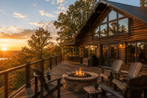 Vacation rental deck overlooking the Ozarks near Branson Missouri in golden September light