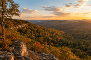 Ozark hills and lake near Branson Missouri in early fall September light