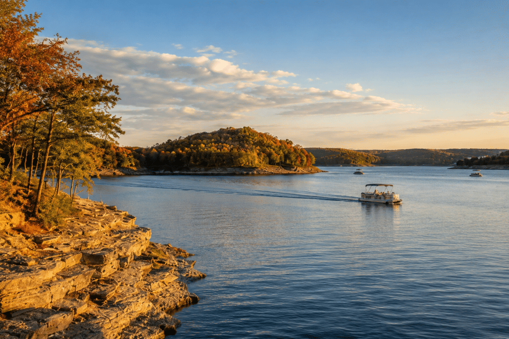 Calm Table Rock Lake near Branson Missouri in early September with warm light and few boats