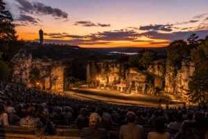Outdoor amphitheater stage at dusk in the Ozark hills near Branson Missouri