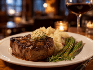 Branson Steakhouses: Perfectly seared ribeye steak plated at an upscale Branson Missouri steakhouse