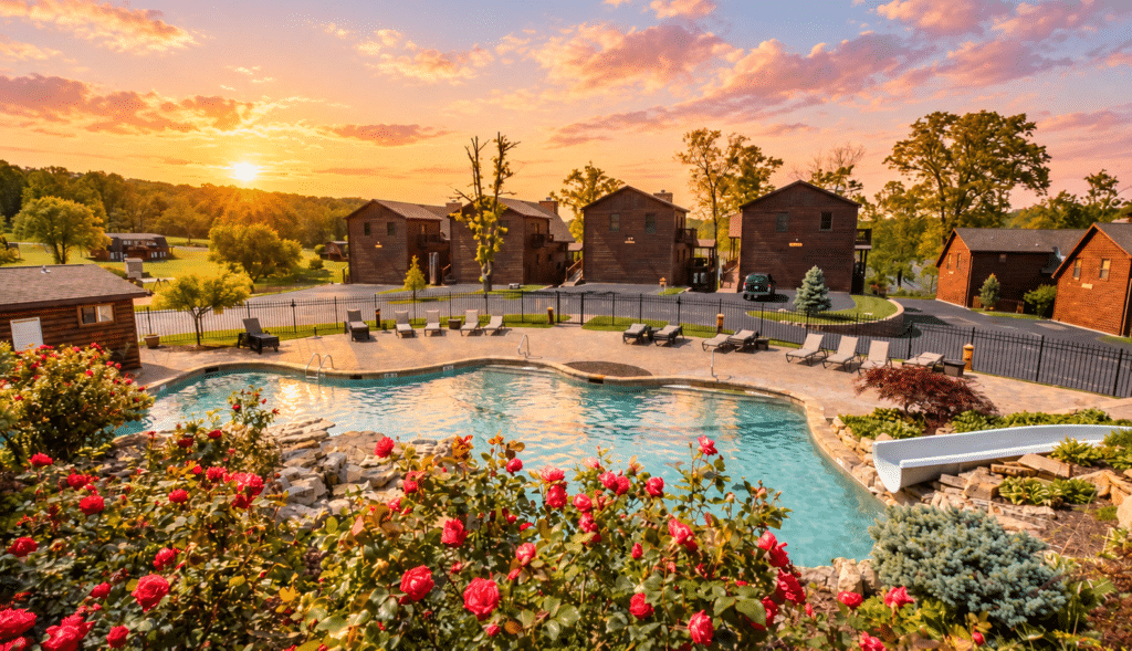 Resort condo pool at sunset near Branson, Missouri, for a guide to Branson condos with pools