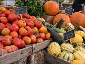 Tomatoes, squash and pumpkins on a vendor table at a Branson farmers market in the fall