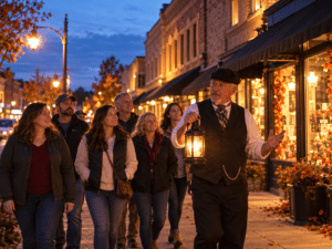Guide holding a lantern leads a small group down a historic downtown street at dusk on one of the Branson ghost tours