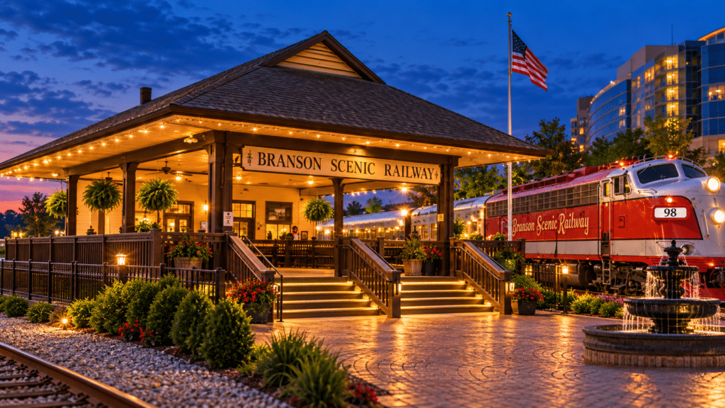 Branson Scenic Railway depot at twilight, a stop on Branson ghost tours and haunted history walks