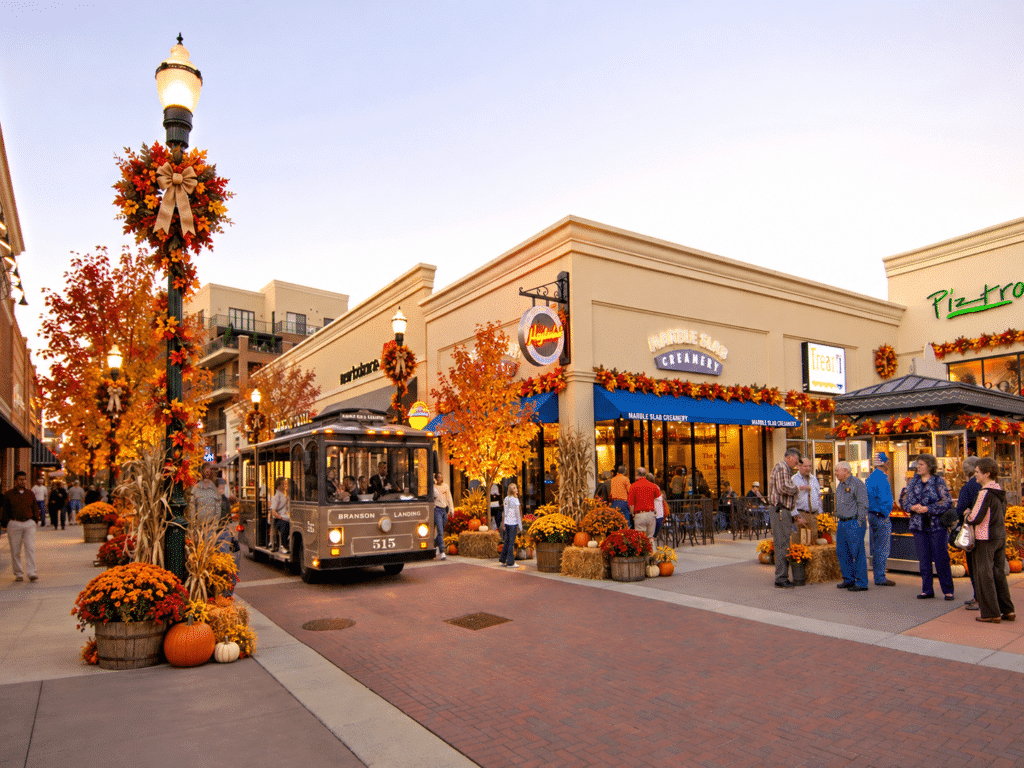 Shoppers and a trolley along the open-air walkway at Branson Landing in Branson in the evening