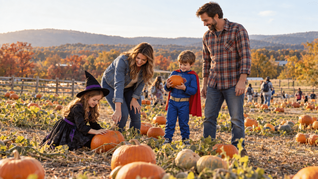 Family in pumpkin patch choosing a pumpkin