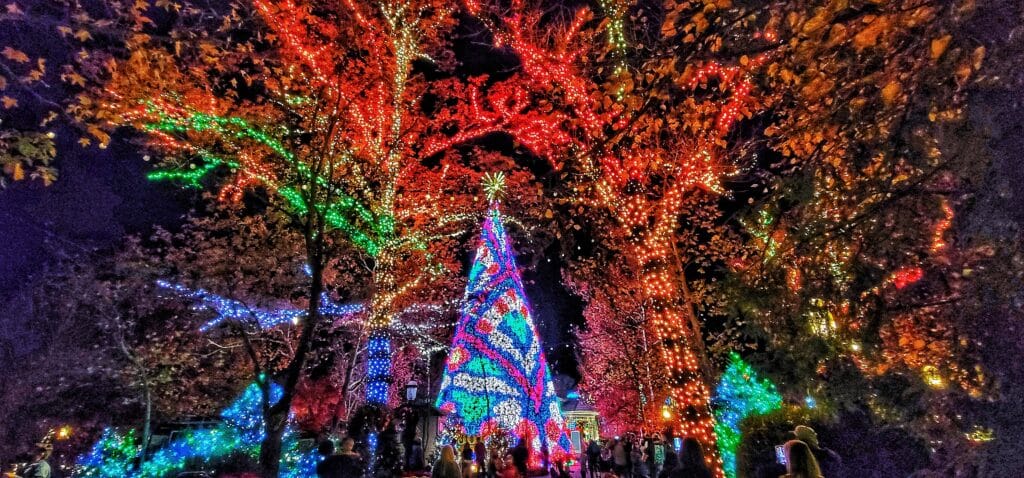 Silver Dollar City lit with millions of Christmas lights at night in Branson