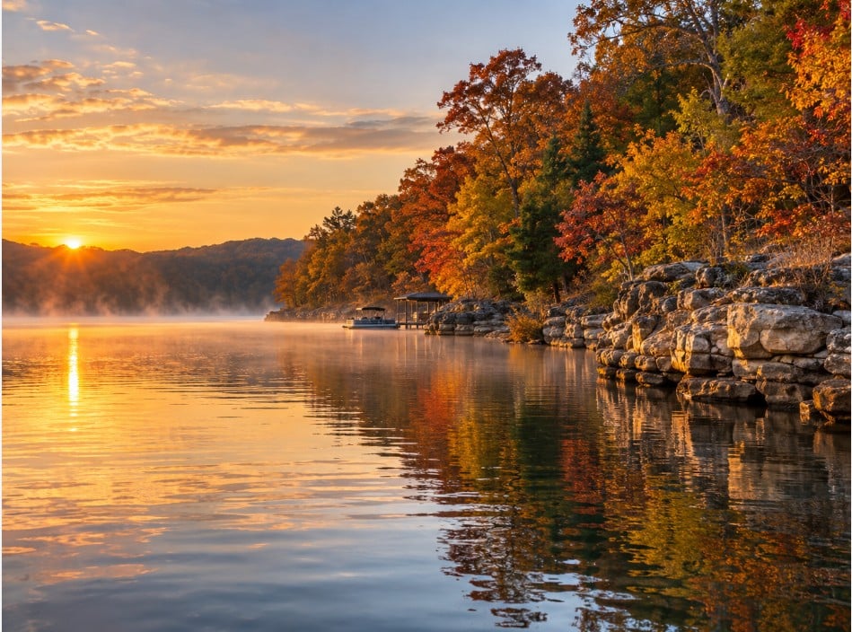 Fall foliage along an Ozark lake shoreline at sunrise near Branson — fall fishing Branson