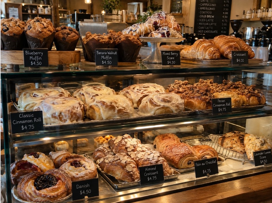 Fresh Branson bakery pastries, muffins, and cinnamon rolls in a display case