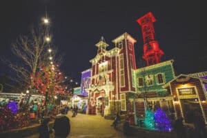 Silver Dollar City lit with millions of Christmas lights at night in Branson
